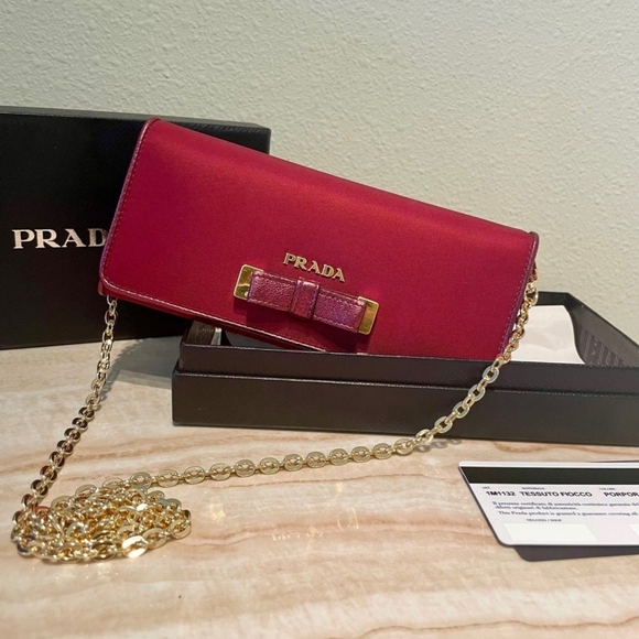 AUTHENTIC Prada Long Tessuto Burgundy Wallet Crossbody WOC - Picture 2 of 12